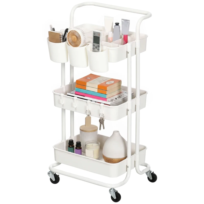 HOMCOM Three-Tier Home Trolley, with Handle and Wheels - White