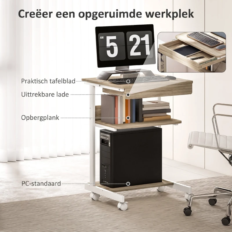 HOMCOM Rollend Bureau met Lade en Schappen, 4 Wielen, Compact, Spaanplaat, Metaal(m-4)
