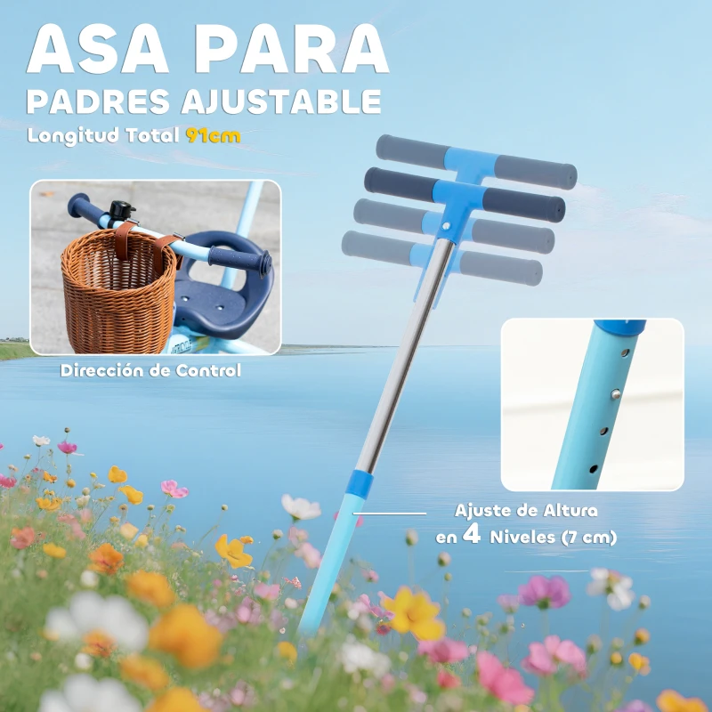 AIYAPLAY Triciclo para Bebés 2 en 1 para 2-5 Años con Barra Parental Pedales Antideslizantes, Reposapiés Plegables y Cesta Azul