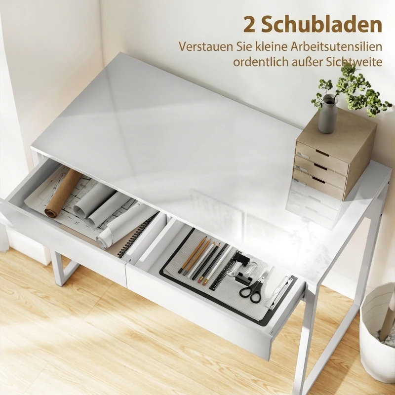 HOMCOM Schreibtisch 100 x 50 cm Computertisch Bürotisch mit 2 Schubladen, für kleine Räume, Weiß