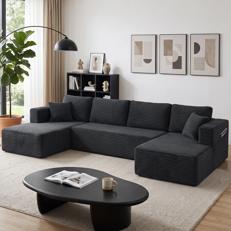 HOMCOM Canapea modulară în U cu 2 chaiselongue, canapea extensibilă tip cord cu spumă de înaltă densitate și șezut cu arcuri, Gri închis