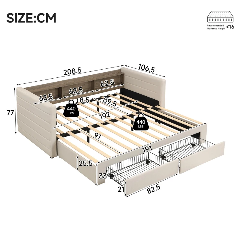 Practical Upholstered Daybed with Pull-Out Trundle, Ideal Bed Frame for Studios, Living Rooms, or Guest Spaces, 200L x 140W x 100H cm, Beige