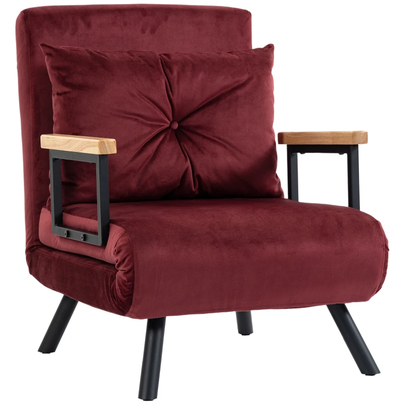 HOMCOM Poltrona Letto Imbottita 3 in 1 con Schienale Reclinabile in 5 Posizioni e Cuscino, 63x73x81 cm, Rosso Vino