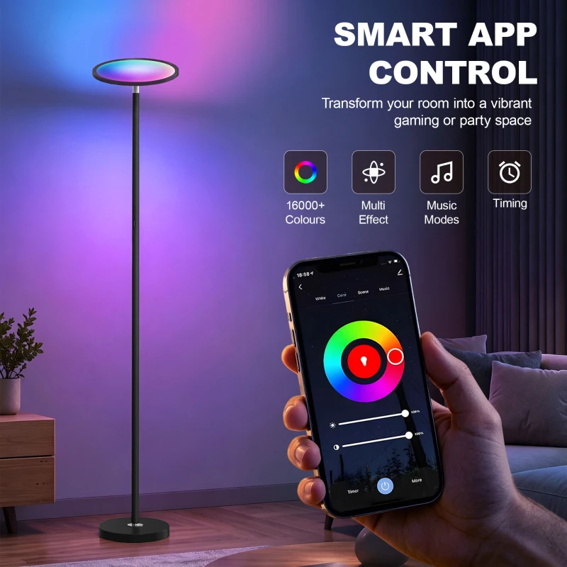 HOMCOM Uplighter Floor Lamp with Tuya App and Music Sync, Standing Lamp with Adjustable Head for Living Room Bedroom, Black