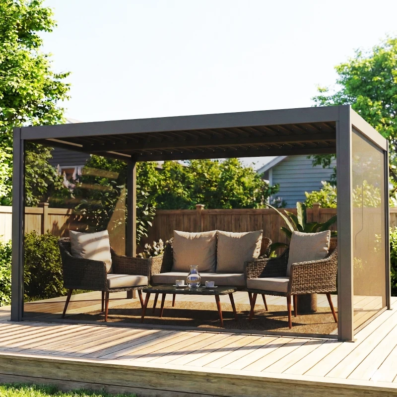 Outsunny Pergola bioclimatique 4x3m, pergola aluminium avec lames orientables, manivelle, stores latéraux coupe-vent, gris foncé