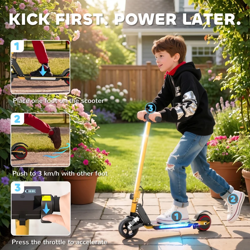 SPORTNOW Folding Electric Scooter for Kids, with Dual Brakes, Front Suspension, LED Colourful Lights, Gold Tone
