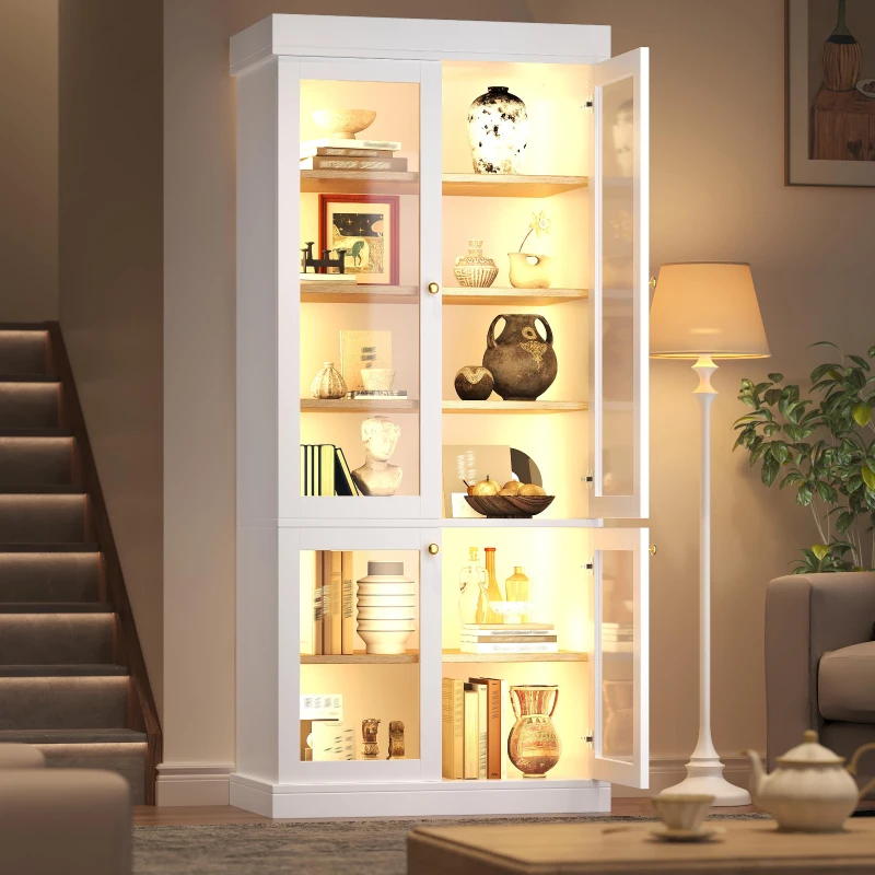 Modern Display Cabinet with Integrated LED Mood Lighting, Adjustable-Shelf Tall Bookcase for Industrial Interiors, 80L x 40W x 180H cm, White
