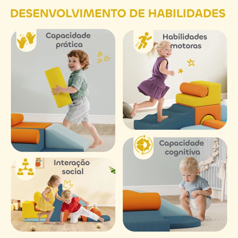 AIYAPLAY Conjunto de 9 Blocos de Espuma para Crianças com Capas de Veludo Laváveis Blocos de Psicomotricidade para Escalar e Rastejar Multicor