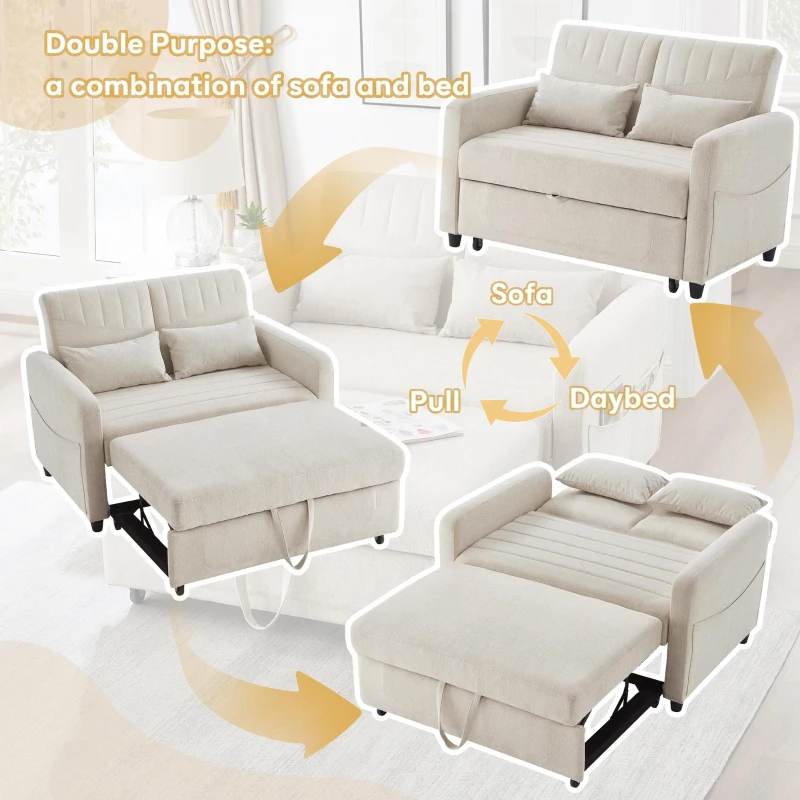 Adjustable Sofa Bed with 3-Level Backrest, Comfortable Couch for Small Apartments, Living Rooms, or Bedrooms, 112L x 169W x 59H cm, Beige