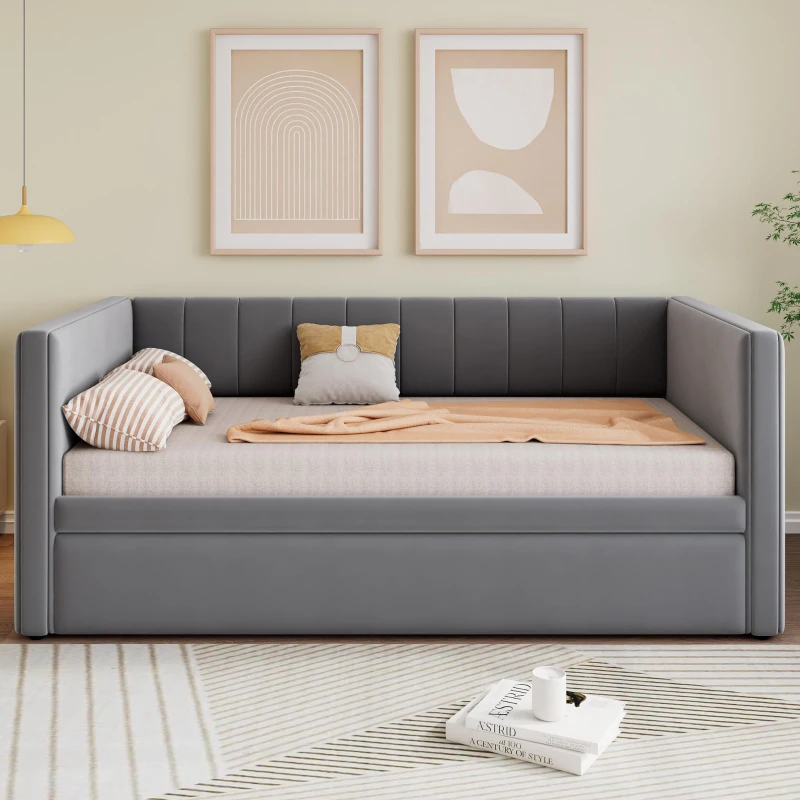 Space-Saving Daybed with Pull-Out Trundle, Ideal Bed Frame for Studios, Living Rooms, or Multi‑Purpose Guest-Spaces, 200L x 140W x 100H cm, Grey