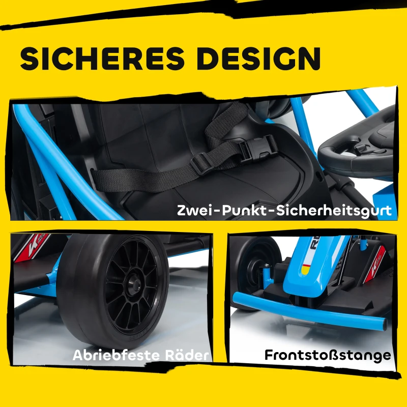 AIYAPLAY 24V Elektro-Go-Kart zum Fahren und Driften, Nylon-Reifen, Sicherheitsgurt, Hupe, Musik für 8-12 Jahre Blau