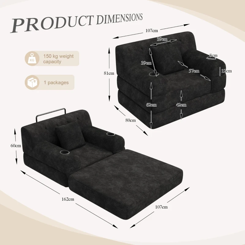1-Seater Sleeper Sofa with Metal Frame and High-Density Foam, Single Convertible Chair Bed for Cosy Interiors, 107L x 80W x 81H cm, Black