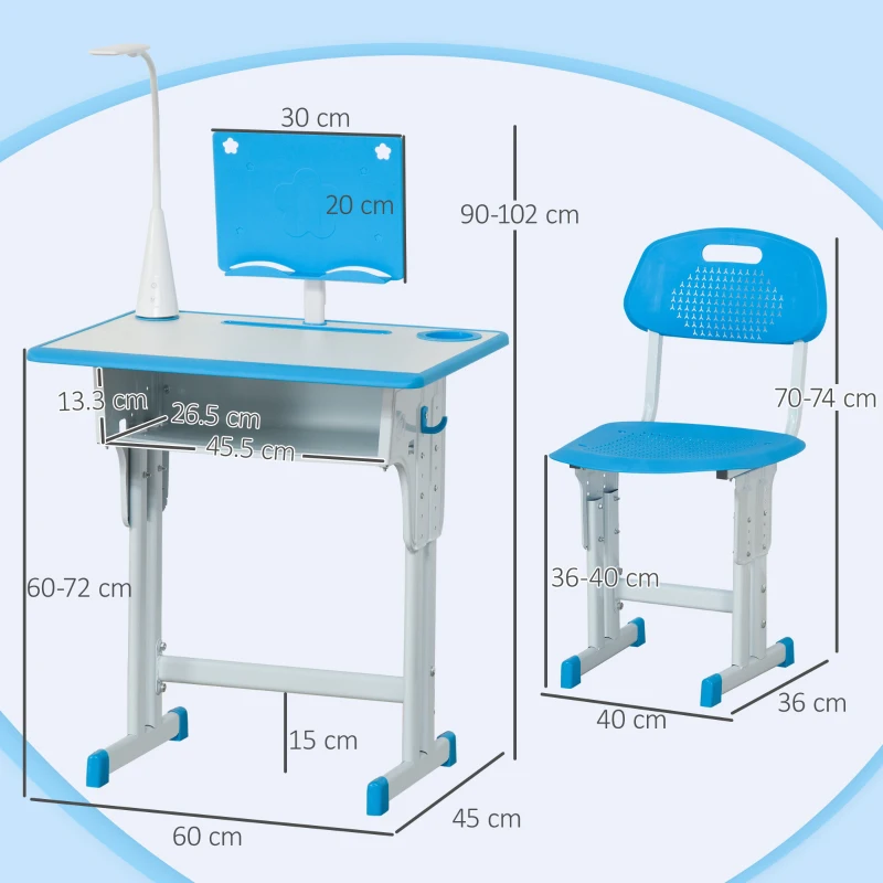 HOMCOM Kids Desk and Chair Set Adjustable Height Study Table Set with Drawer, Book Stand, Pen Slot - Blue