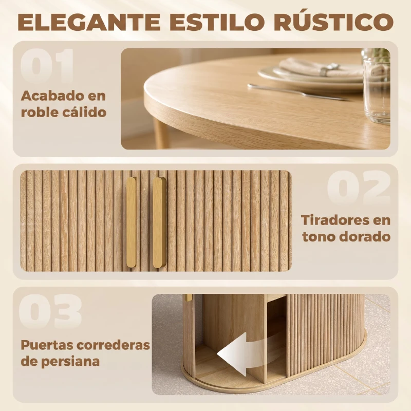 HOMCOM Mesa de Comedor Ovalada para 6 Personas con Tablero Grueso Puertas Correderas Tipo Persiana 6 Compartimentos Roble