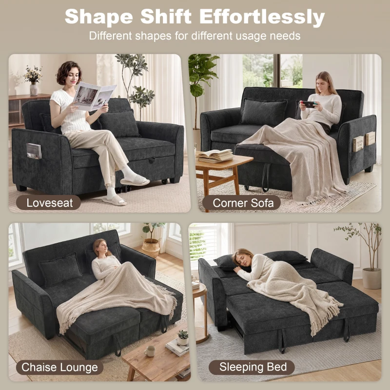 HOMCOM 2 Seater Sofa Bed, 4-in-1 L-Shaped Convertible Pull-Out Sleeper Sofa with Adjustable Backrest and Side Pockets, Black