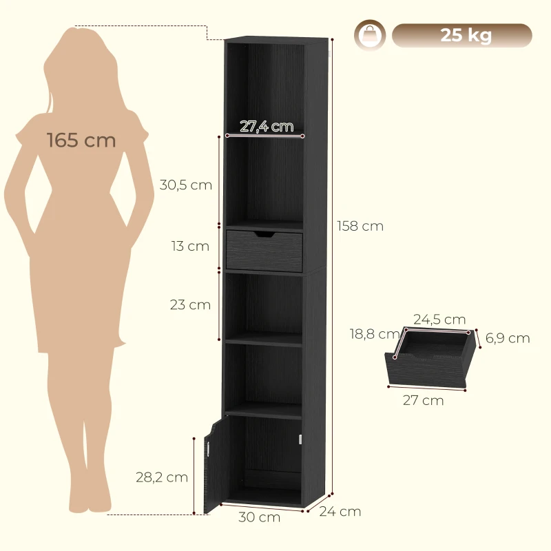 HOMCOM 6-Fach Bücherregal mit Schublade und verstellbarem Fach, freistehender Aufbewahrungsschrank, 30 x 24 x 158 cm, Schwarz