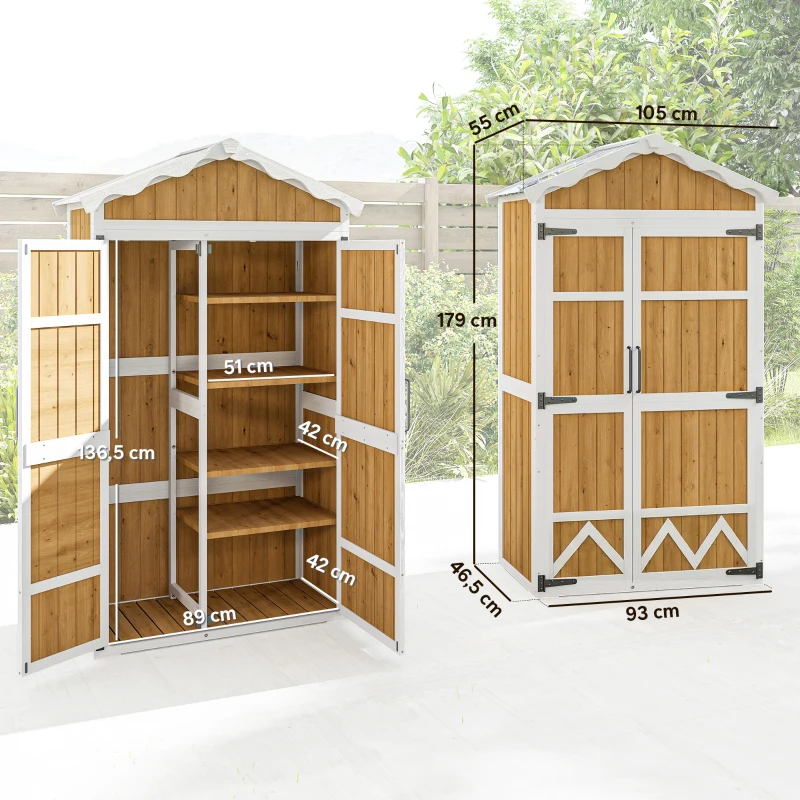 Outsunny Caseta de Jardín de Madera 105x55x179 cm Armario para Herramientas con 4 Estantes Techo de Metal Galvanizado Natural