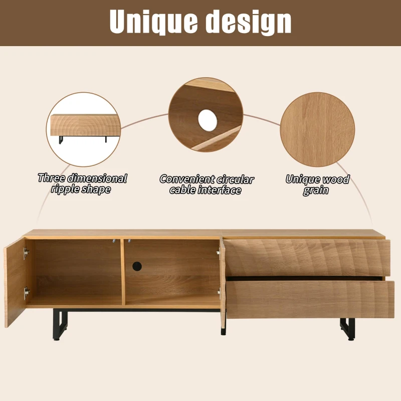 Practical TV Cabinet with 2-Door Cabinet and 2 Drawers, Solid TV Stand with Metal Legs and Particleboard Frame, 180L x 38W x 51.5H cm, Wood
