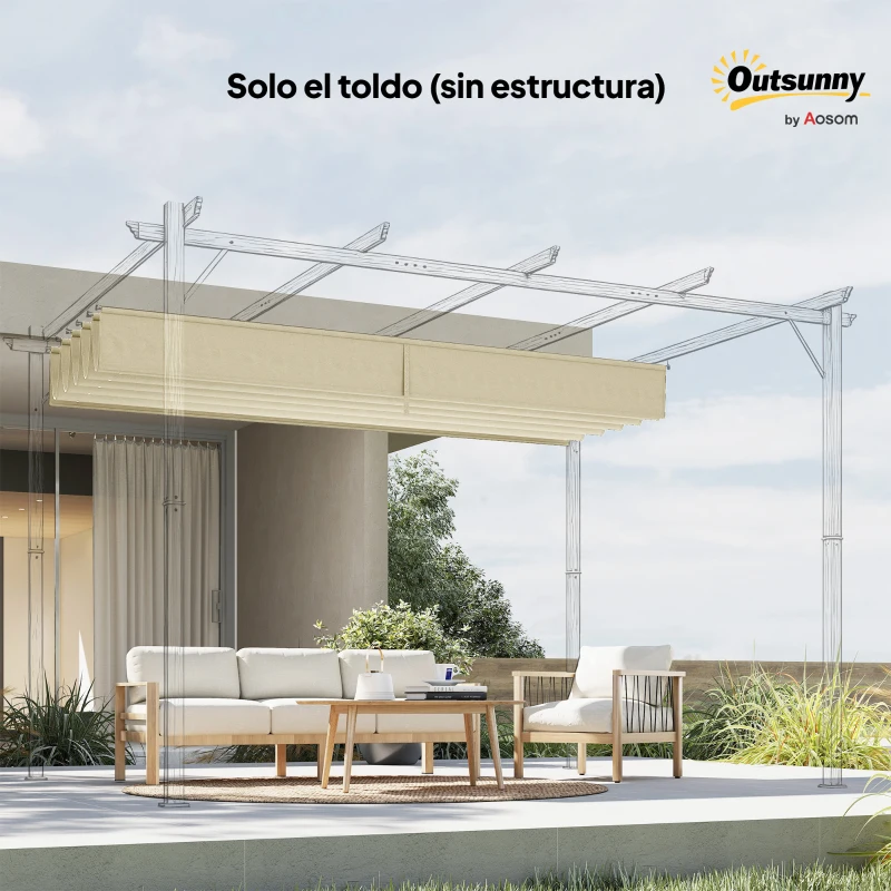 Outsunny Cubierta para Techo Retráctil de 3,5x2,6m para Pérgola 4x3 Tela de Repuesto con 10 Orificios de Drenaje Crema