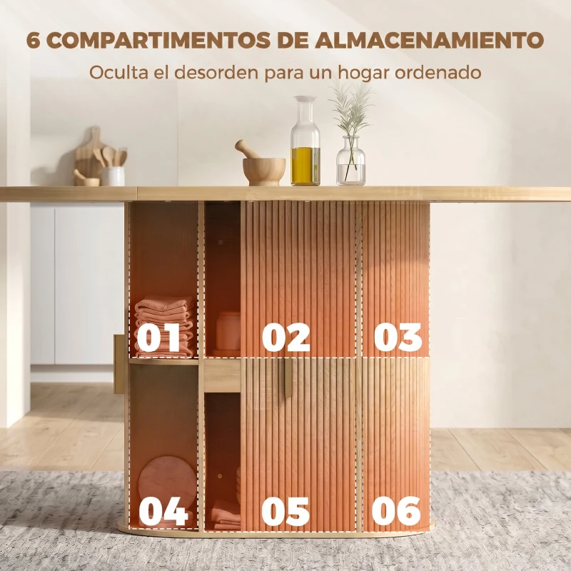 HOMCOM Mesa de Comedor Ovalada para 6 Personas con Tablero Grueso Puertas Correderas Tipo Persiana 6 Compartimentos Roble