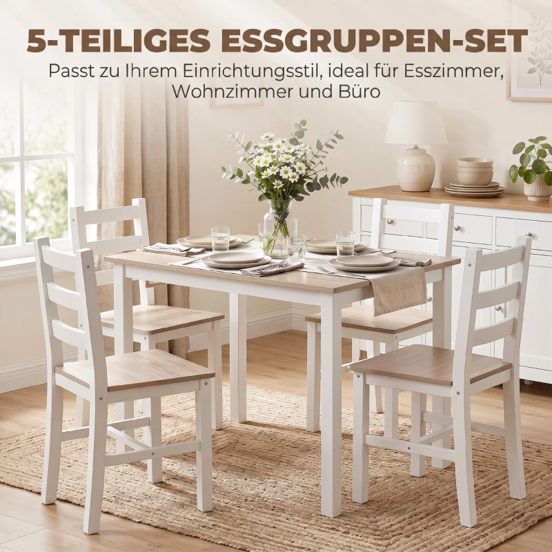 HOMCOM 5-teiliges Essgruppe für 4 Personen, Landhaus-Esstisch und Stühle aus Massivholz, Natur/Weiß