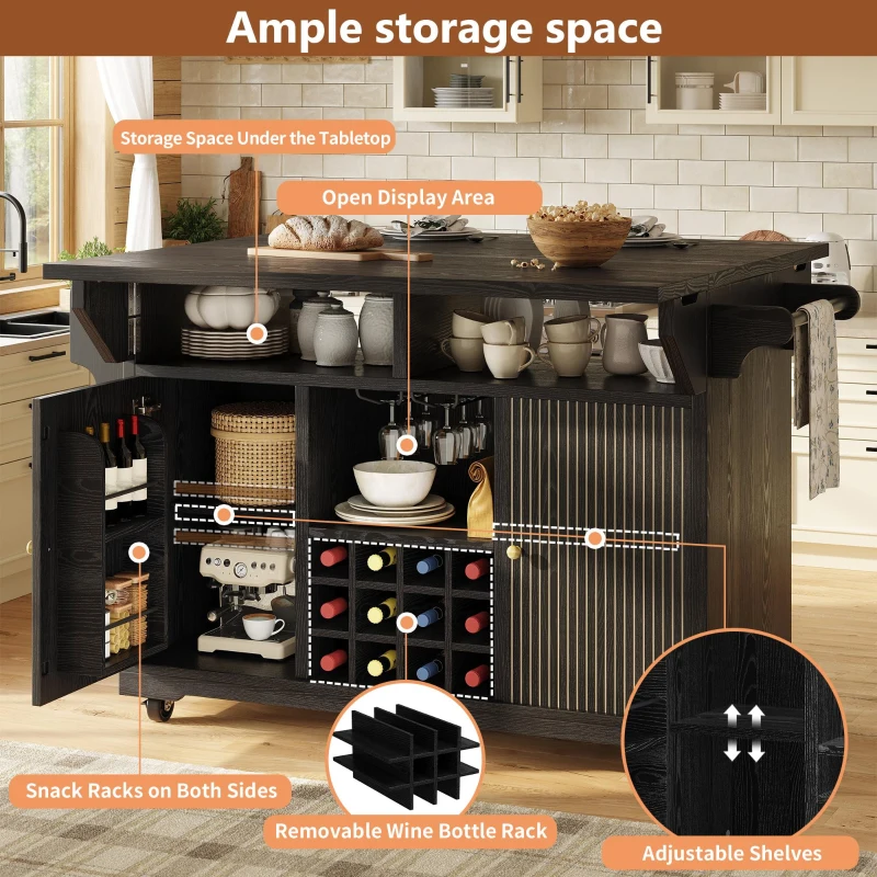Foldable Serving Trolley with Ample Storage and Snack Racks, Mobile Kitchen Island for Balconies or Dining Room, 142.5L x 40W x 95H cm, Black