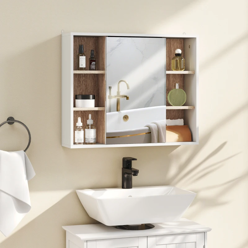 HOMCOM Armoire murale, meuble salle de bain avec miroir, miroir salle de bain avec rangement, placard à portes et 6 compartiments ouverts, 60 x 14,5 x 49,4 cm, blanc