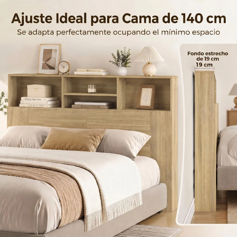 HOMCOM Cabecero de Cama 140 cm con Almacenaje Cabezal de Cama con 4 Compartimentos Abiertos para Dormitorio Roble