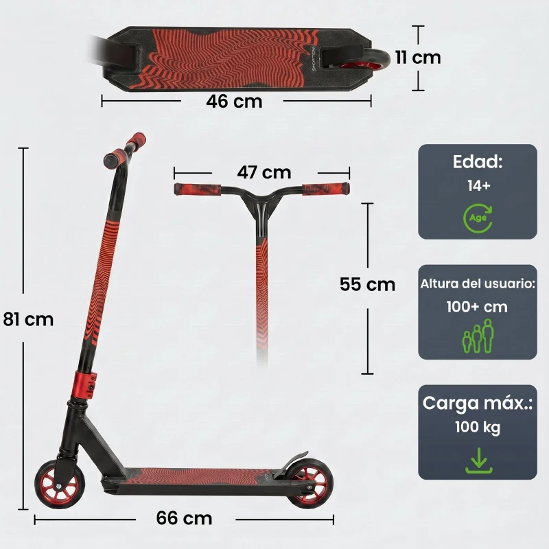 SPORTNOW Scooter Acrobático para Trucos Patinete Freestyle con Rodamientos ABEC-9 Ruedas 120 mm Giro 360° para Skatepark Rojo