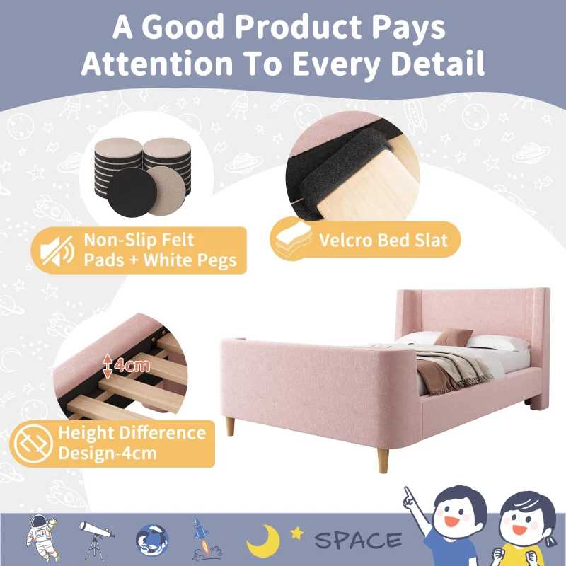 Upholstered Single Bed with Cosmic Print and Padded Headboard, Pink Velvet Bed Frame for Contemporary Bedrooms, 206L x 99W x 76H cm, Pink