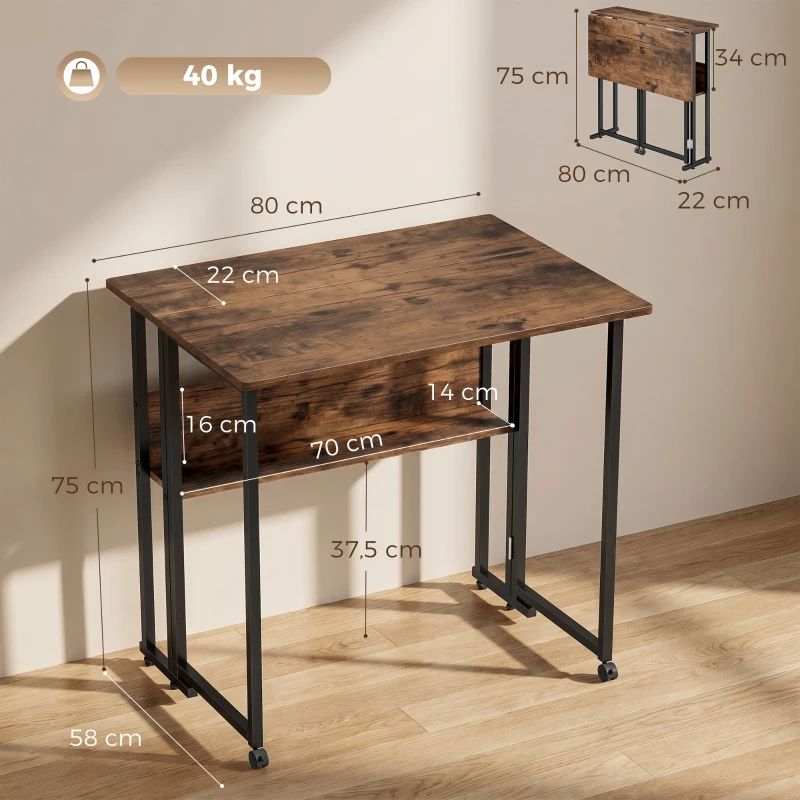 HOMCOM Klappbarer Schreibtisch mit Ablagefach, 80 cm Klapptisch für kleine Räume, Büro, Rustikales Braun