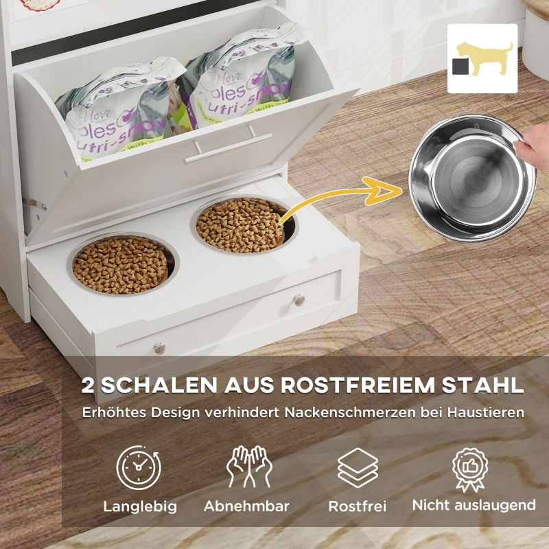 PawHut Futterstation für Haustiere, Aufbewahrungsschrank für Haustierbedarf, mit Futterschüsseln, Haken für Leinen, MDF, Weiß