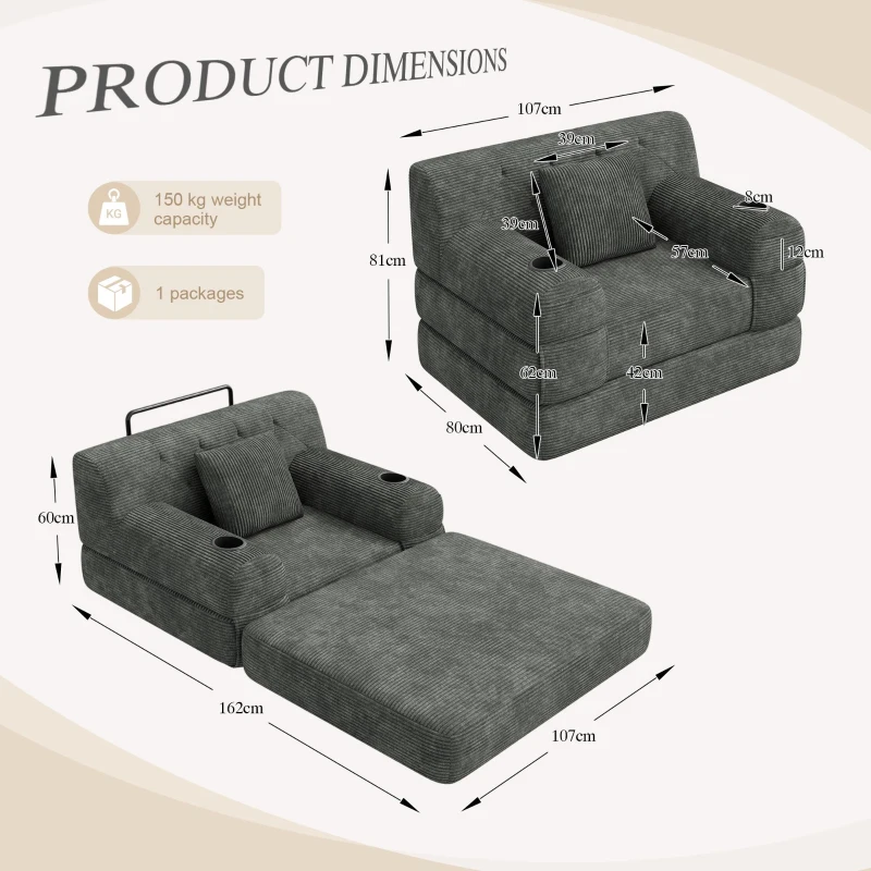 1-Seater Sleeper Sofa with Metal Frame and High-Density Foam, Convertible Chair Bed for Living Rooms or Home Offices, 107L x 80W x 81H cm, Dark Gray