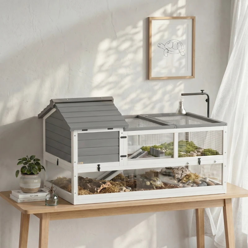 PawHut childkrötenhaus aus Holz Schildkrötengehege mit Zwei Haupthäusern aufklappbarem Oberseite Lampenhalter Grau