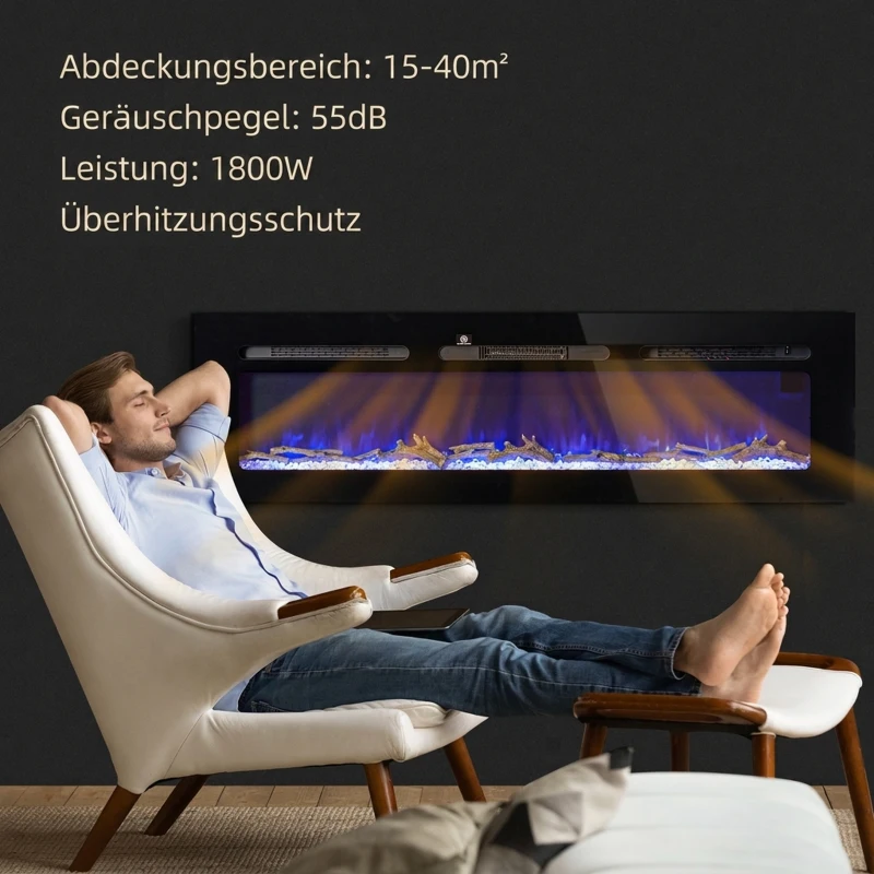 HOMCOM Elektrischer Kamin mit Wandhalterung und Fernbedienung, künstliche Holzscheite und Kristalle, 1800W Leistung, Schwarz