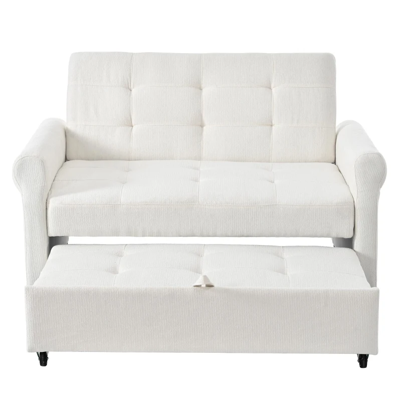 Convertible Sofa Bed with Adjustable Backrest, Functional Sofa with USB & Type-C Ports and Storage Pocket, 135L x 173W x 58H cm, Off White