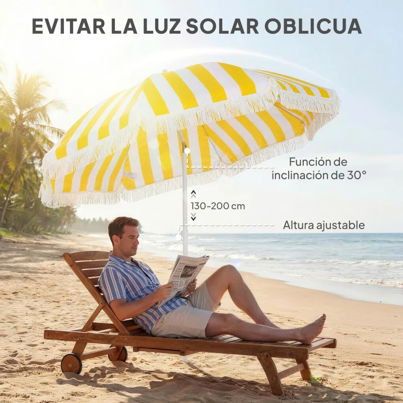 Outsunny Sombrilla de Playa con Flecos Ø180 cm Sombrilla de Terraza Exterior Altura Ajustable Inclinación 30° Amarillo y Blanco