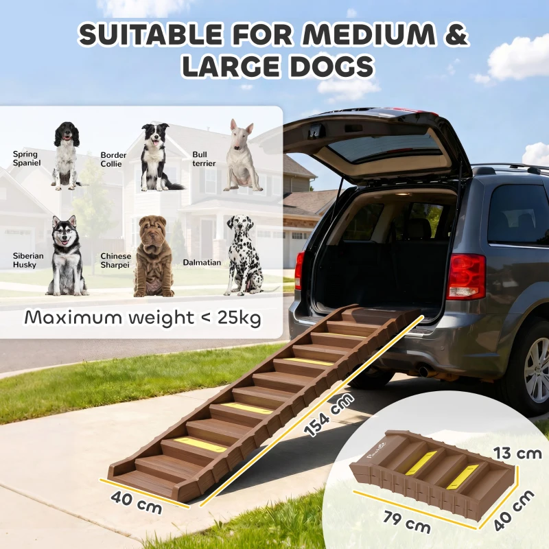 PawHut Dog Car Ramp with Anti-Slip Steps, 10-Steps Pet Stairs for Pets to Access Cars and High Beds, Brown