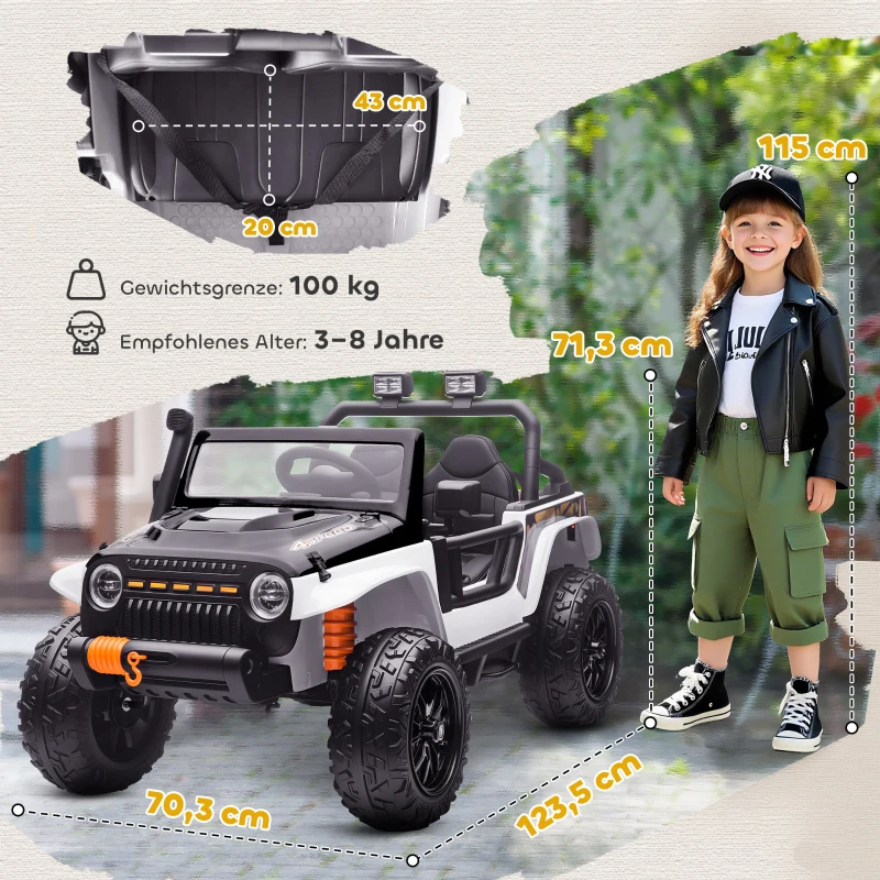 AIYAPLAY Elektrofahrzeug für Kinder, 12V Batterie, mit Eltern-Kind-Sitz, fernsteuerbar, Musik, Hupe, LED-Lichter, 3-8 Jahre, Weiß
