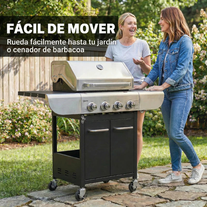 Outsunny Barbacoa de Gas con 4 Quemadores 12,8 kW Termómetro Parrillas de Hierro Fundido Mesas Laterales Armario y Ruedas Negro