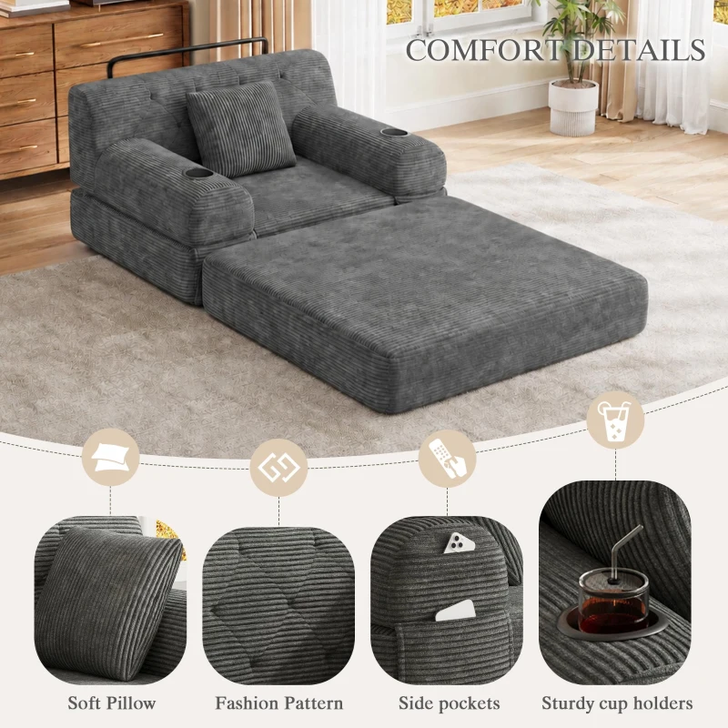 1-Seater Sleeper Sofa with Metal Frame and High-Density Foam, Convertible Chair Bed for Living Rooms or Home Offices, 107L x 80W x 81H cm, Dark Gray