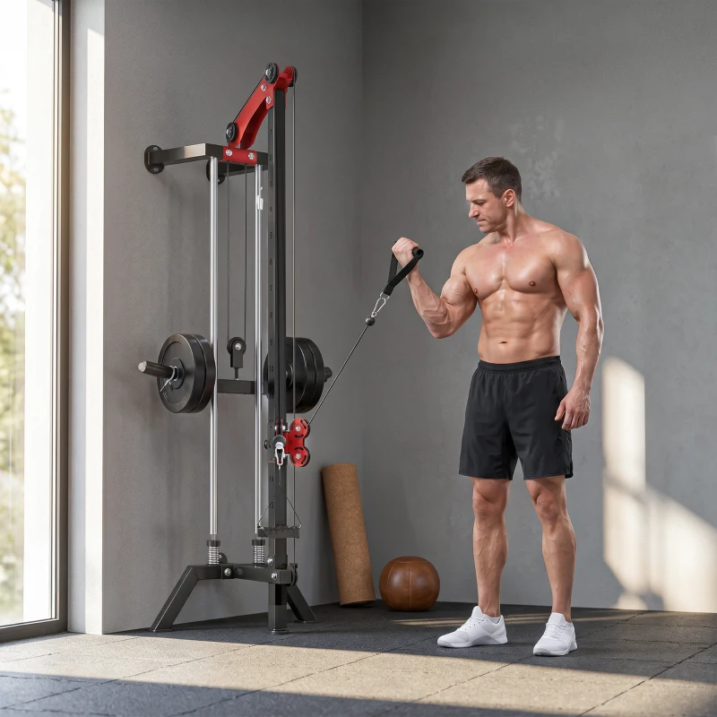 SPORTNOW Máquina Polea Alta y Baja de Pared de Polea Ajustable en 16 Posiciones con Barra para Jalones para Casa en Gimnasio