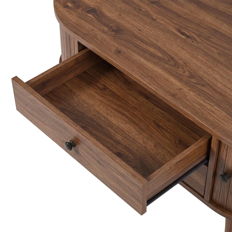 Spacious Room Table with Sliding Doors and 2 Drawers, Retro Oval Coffee Table with Vertical Slats and Clean Lines, 100L x 50W x 40H cm, Walnut