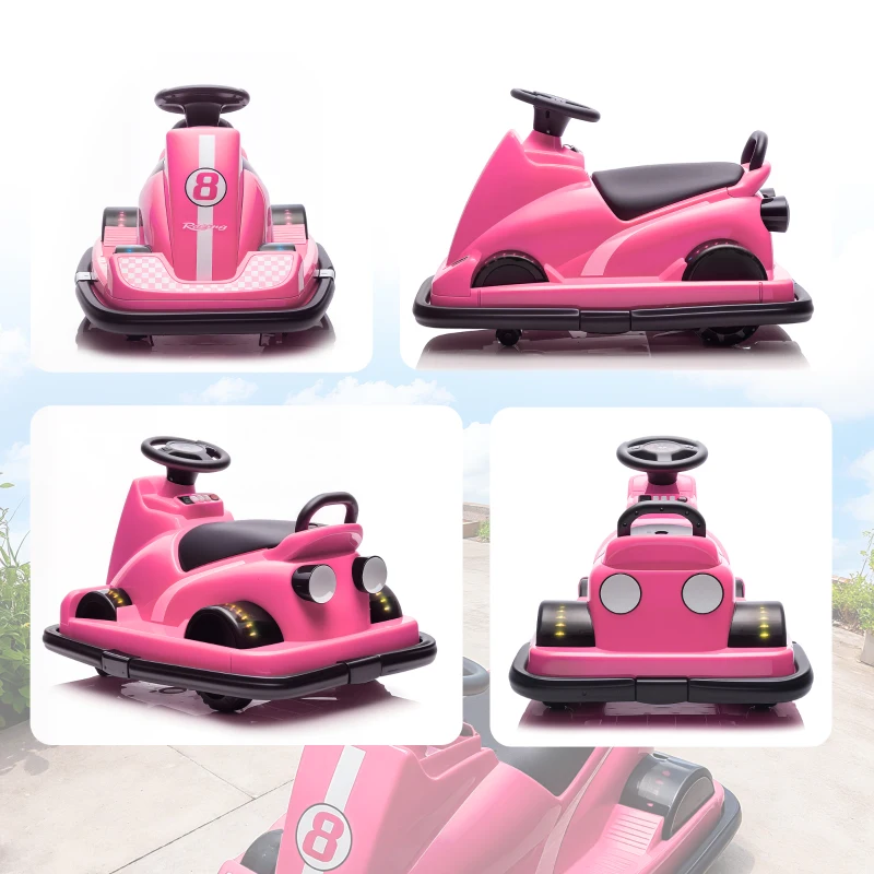 AIYAPLAY Autoscooter für Kinder, um 360 Grad drehbar, Lenkrad, LED-Lichter, Musikfunktion, 3-8 Jahre, Rosa