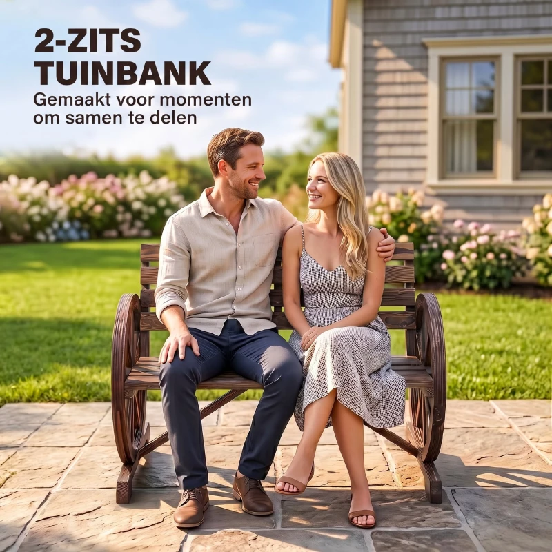 Outsunny tuinbank, ontwerp met wagenwiel, voor 2 personen, natuurlijk hout, donkerbruin, 105,5 x 56 x 79 cm(m-9)