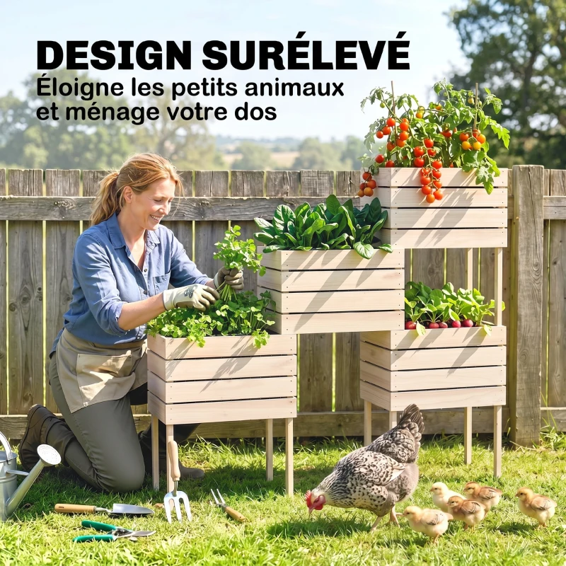 Outsunny Jardinières sur Pieds carrés potagers - Lot de 4 jardinières sur Pied modulables - 50L x 30l x 60H cm