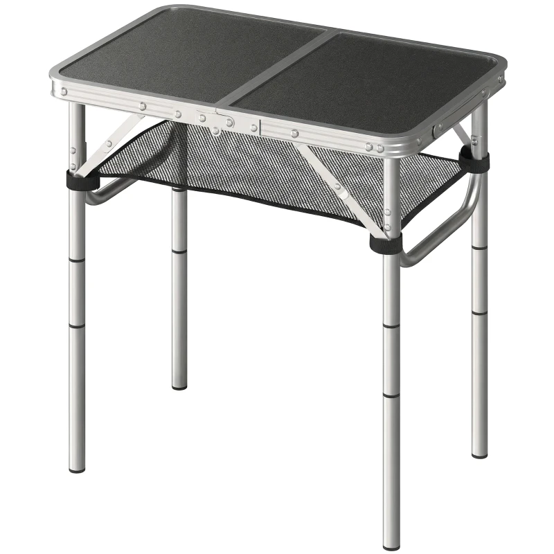 Outsunny Mesa Plegable Camping 60x40x60 cm con Altura Ajustable en 4 Niveles Red de Almacenamiento Marco de Aluminio Negro
