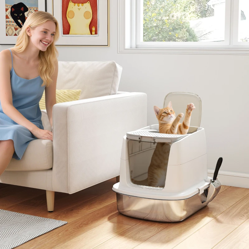 PawHut Large Stainless Steel Litter Box, Enclosed Metal Cat Litter Tray with Scoop, Deodoriser Bag, Front-Entry and Top-Exit