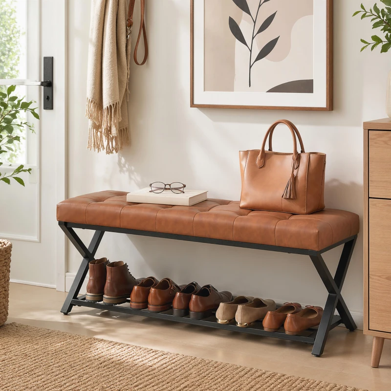 HOMCOM Schuhbank, Eingangsbank mit Kunstlederpolster, Ablage bis 220 kg für Flur, Eingangsbereich, 112 x 37 x 47 cm, Braun