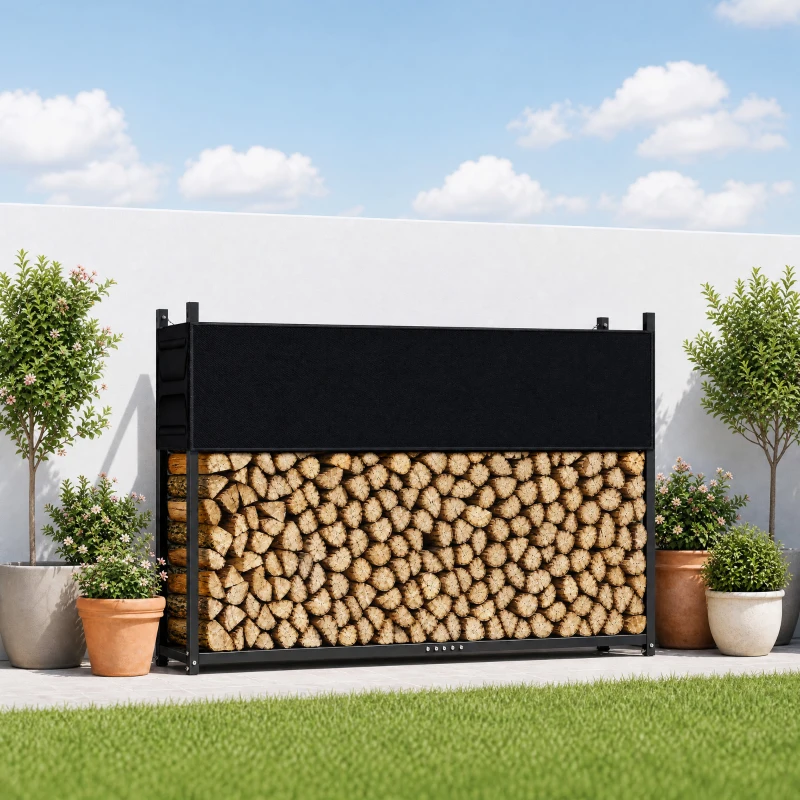 Outsunny Estante de Leña con Funda Oxford 600D y Cables Marco de Acero Galvanizado Carga 500 kg para Interior y Exterior Negro